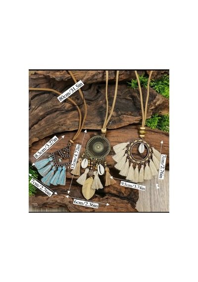 Yıwu Boho-chic 3 Parça Set: Vintage Esintili Püskül & Çiçek Kolye Ve Taşlı Aksesuarlar Kahverengi Tonları