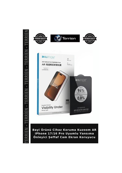 Bayi Ürünü Cihaz Koruma Kuzoom Ar İphone 17/16 Pro Uyumlu Yansıma Önleyici Şeffaf Cam Ekran Koruyucu