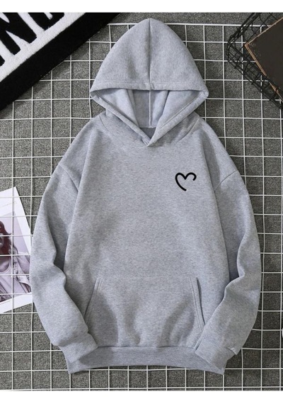 Yarım Kalp Sweatshirt - Gri Baskılı Oversize Kışlık Kalın Kapüşonlu Gri