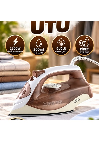 2200w Buharlı Ütü Seramik Taban, 300 Ml Su Tankı, Dikey Ütüleme Kahverengi