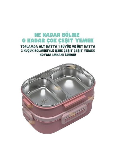Vagonlife Bento 1650ml Paslanmaz Çelik 2 Katlı 3 Bölmeli Çatal Ve Kaşıklı Yemek Kutusu Pembe Beyaz