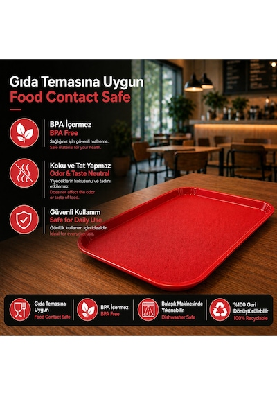 6 Adet Abs Servis Tepsisi Kaymaz Yüzeyli 32x44 Cm Kırmızı Renk Endüstriyel Kullanıma Uygun, Kırılmaz, Bpa Free 7 Renk Seçenekli