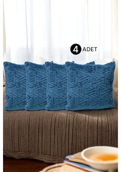Bohem 4'lü Dekoratif Yastık Kılıfı Kırlent Kılıfı 45x45 Cm Petrol Mavisi Zikzak Desen Petrol Mavisi
