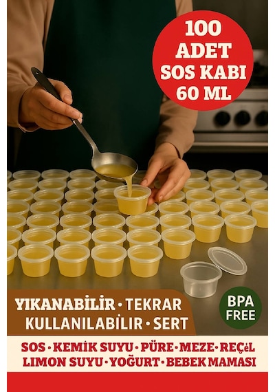 100 Lü Set-60 Ml Kendinden Kapaklı Şeffaf Sosluk Sızdırmaz, Sıcağa Dayanıklı, Tekrar Kullanılabilir Diğer