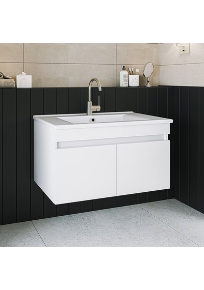 Banos Ld3 Ayaksız 2 Kapaklı Lavabolu Beyaz 85 Cm Banyo Dolabı Beyaz