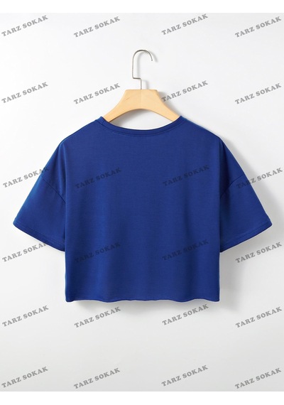 Flood Of Style Crop Ckod-232913 Harf Grafikli Düşük Omuz Kısa Mavi