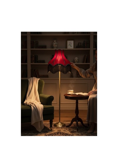 Bordo Füme Saçak Kumaş Kaplama Başlık Metal Ayaklı Klasik Şık Lambader 165x40cm