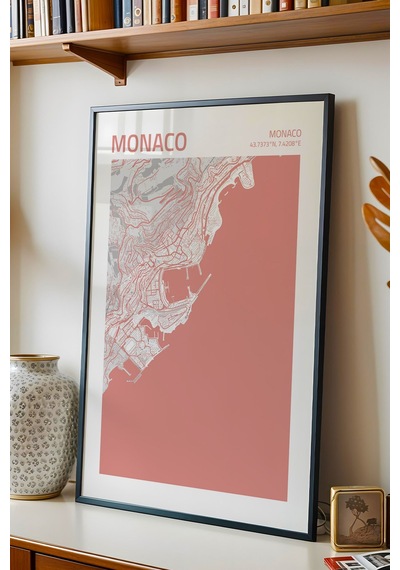 Monako Monaco Haritası Çerçeveli Tablo Lüks Salon Ofis Duvar Dekorasyonu Hediyelik Tablo