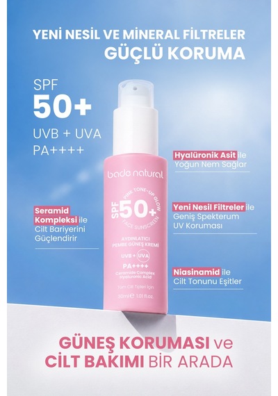 Bade Natural Aydınlatıcı Pembe Güneş Koruyucu Krem 50 Spf 30 Ml