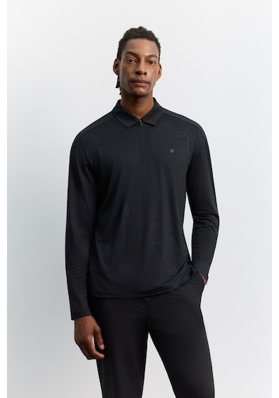 Avva Erkek Siyah Polo Yaka Düğmeli Teknik Kumaş Uzun Kol Basic Regular Fit T-shirt A62y1015
