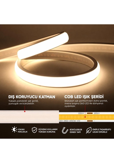 220v 5 Metre Cob Neon Led Şerit 4800 Lümen 50w 3000k Günışığı Ip65 Yapışkanlı 50cm Kesilebilir Fiş Dahil