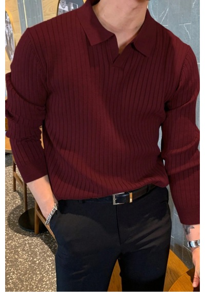 Cool Tarz Erkek Polo Yaka Triko Kazak Slim Fit Fitilli Bordo