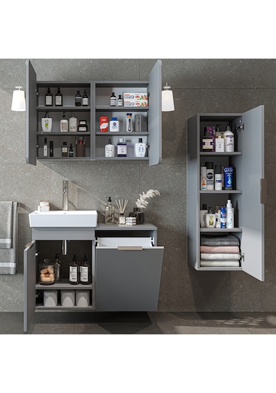 Dubai Mdflam Sepetli Banyo Dolabı Seti, Lavabolu Alt Dolap + Aynalı Banyo Üst Dolabı + Boy Dolabı Kül Gri Dubai Mdflam Sepetli Banyo Dolabı Seti, Lavabolu Alt Dolap + Aynalı Banyo Üst Dolabı + Boy Dolabı Kül Gri