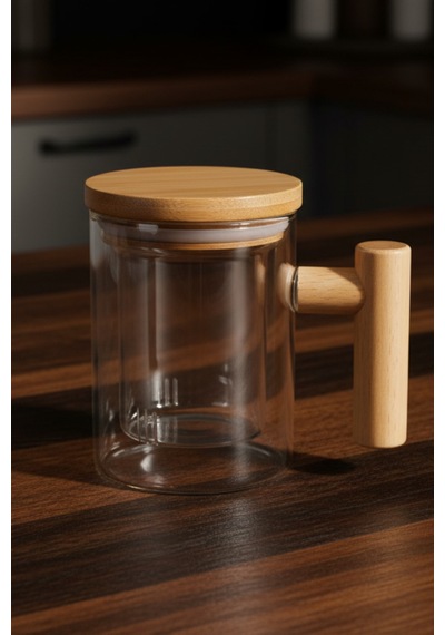 Ahşap Kulplu Ve Kapaklı Cam Süzgeçli Bitki Çayı Kupası 520 Ml Beyaz
