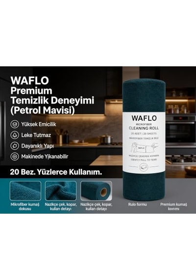 Mikrofiber Temizlik Bezi Rulo 20'li - Petrol Mavisi Yüksek Emicilik, Tekrar Kullanılabilir, İz Bırakmaz Açık Bej