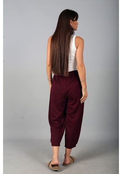 By Saygı Kadın Beli Lastikli Cepli Paça Tutturmalı Modal Pantolon Mürdüm