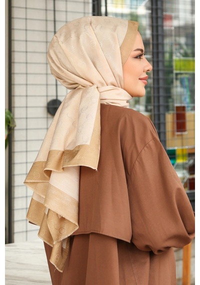 Premium Lux Original Monogram Şal İpek Vual, Yüksek Kalite, Hafif, Rahat, Şık, Tesettür, Shawl Gold