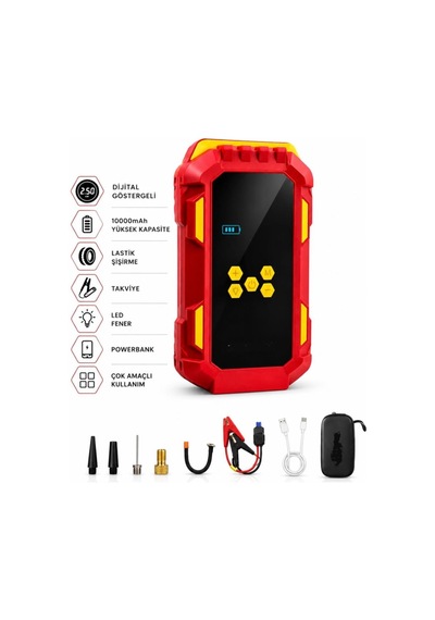 Algaride Hkt1430 Şarjlı Akü Takviyeli Hava Pompası 8000mah Powerbank Destekli 4'ü 1 Arada Hava Pompası