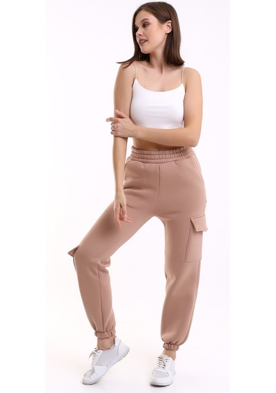 Winmoda34 Kadın Jogger Kalın 3 İplik Yandan Cepli Kargo Eşofman Altı Bisküvi