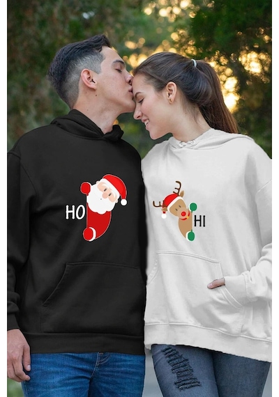 Merkür Store Yılbaşı Özel Sevgili Kombini Kapüşonlu Sweatshirt Beyazsiyah