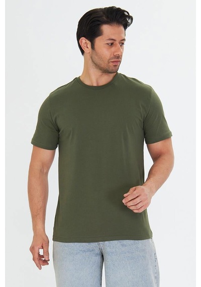Trendhill Erkek Haki Pamuklu Bisiklet Yaka Büyük Beden T-shirt Hki5014b