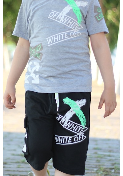 Off White Yazı Baskılı Kaprili Erkek Alt-üst Takımı Beyaz - Siyah