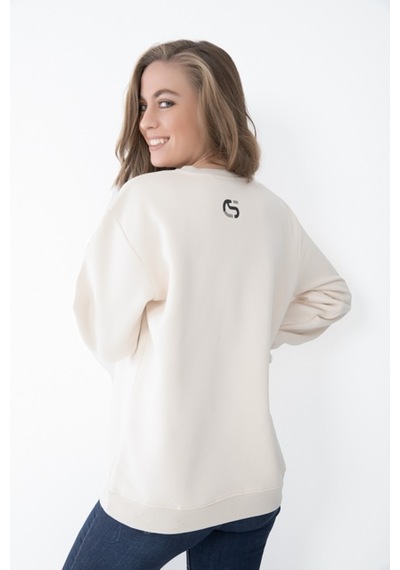 Kadın Bej Renk Baskılı Kapşonsuz Sweatshirt Bej