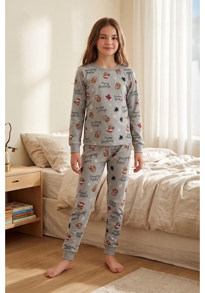 Zuzunga Kız Çocuk Yılbaşı Temalı Tiger Desenli Uzun Kollu Pijama Takımı Gri
