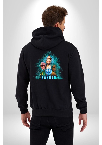 Angemiel Karol G Şarkıcı Kadın Erkek Siyah Kapüşonlu Fermuarlı Baskılı Hırka Sweatshirt Siyah