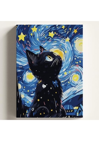 Sayılarla Boyama Tuval Hobi Seti, Yıldızlı Kedi Temalı Fırça Ve Boya Dahil Set Çıtalı 40x50 Cm, Kendin Yap Sayılarla Tuval Boya Kiti Kasnaklı