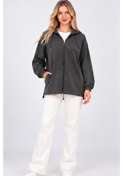 Fiolin Kristal 2 İplik Salaş Fermuarlı Sweatshirt Füme