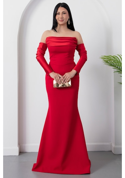 Kalopya Straplez Uzun Kol Saten Elbise Ecr5361 Kırmızı