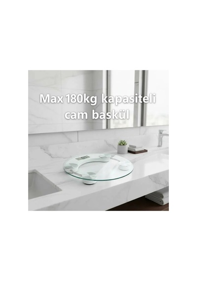 Yuvarlak Şeffaf Dijital Cam Baskül Tartı 180 Kg Taşıma Kapasitesi, Hassas Ölçüm, Şık Tasarım Te...
