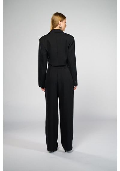 Kadın Siyah Geniş Yaka Crop Blazer Siyah