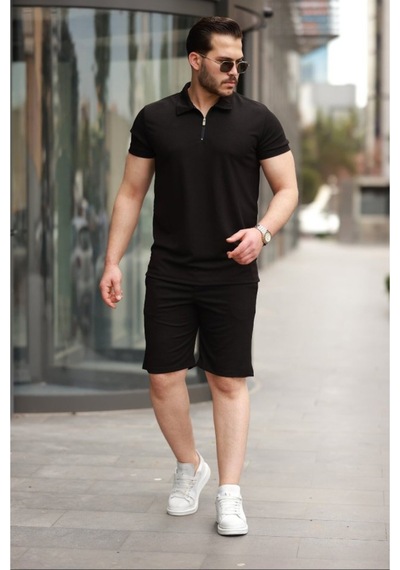 Butik İstanbul Erkek Yakalı Fermuarlı T-shirt Şort Ikili Takım Siyah