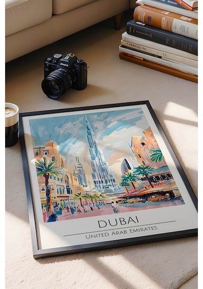 Dubai Temalı Çerçeveli Tablo Travel Serisi Modern İllüstrasyon Bae Şehir Duvar Dekoru Siyah