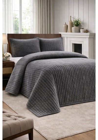 Muk's Modern Line Premium 3 Parça Battaniye Seti Özel Çantalı 220x240 Cm Yastık Kılıfı 50x70 Cm 2 Adet Antrasit-siyah