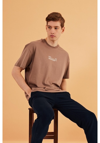 Leo Erkek Oversize Tshirt %100 Pamuk Bisiklet Yaka Baskı Detaylı Basic Tişört Vizon