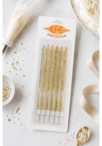 Beyaz Gold Simli Uzun Pasta Mumu 17 Cm Karışık