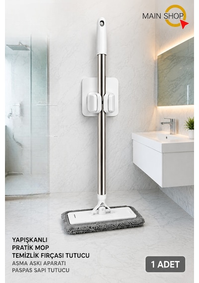 Mainshop Kendinden Yapışkanlı Duvar Askısı Mop Ve Paspas Tutucu - Delmesiz Pratik Temizlik Askısı M-310 Beyaz