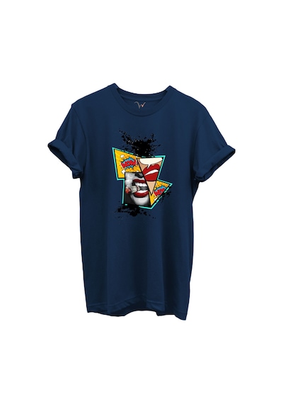 Pop Art Dudak Ve Çizgi Roman Baskılı Wow Temalı %100 Pamuk Regular Fit Unisex T-shirt Lacivert
