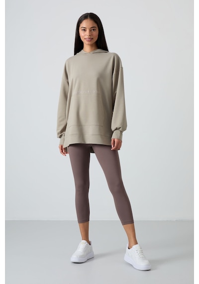 Tommy Life Koyu Bej Balon Kol Yazı Nakışlı Kadın Oversize Tunik Sweatshirt - 97163 Koyu Bej