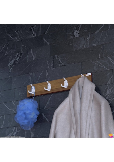 Modilayn Arı Serisi 12 Kancalı 61,4x9,6 Cm 4'lü Set Banyo Askısı Ekstra Düzen Ve Yer Tasarrufu Ceviz - Ekru