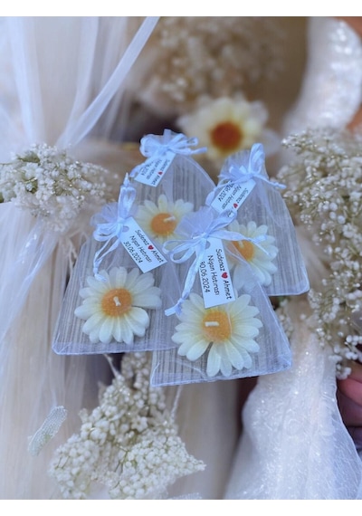 20 Adet Süslemeli Kese Papatya Mum, Nikah Şekeri, Doğum, Sünnet, Düğün Nişan Söz, Kına, Doğum Günü