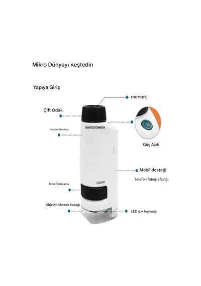 Micro1 Küçük Boy Mini Mikroskop Eğitici Mikroskop Zoom Led Işıklı 300x Zoom