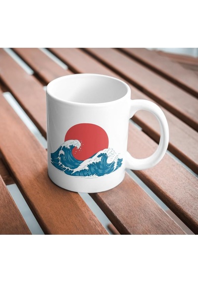 Japon Dalgaları Baskılı Kupa Bardak Hediyelik Çay Kahve Kupası Coffee Mug Beyaz - Çok Renkli