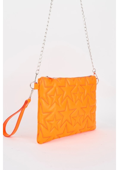 Vivaq Kadın Neon Turuncu Yıldız Nakışlı Suni Deri Bilek Ve Zincir Askılı Portföy El Ve Clutch Çanta