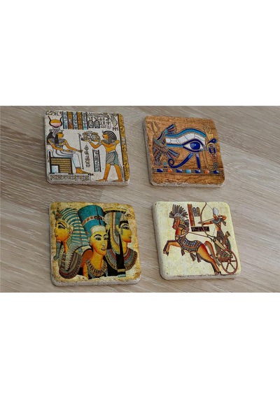 Hathor Ra'nın Gözü Horus Ramses Ve Firavunlar Doğal Taş Bardak Altlığı 4'lü Set - Natural Stone Coasters - Taş Çok Renkli