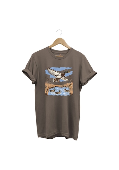 Hunting Avcılık Ördek Avı Sazlık Göl Baskılı %100 Pamuk Regular Fit Unisex T-shirt Kahverengi