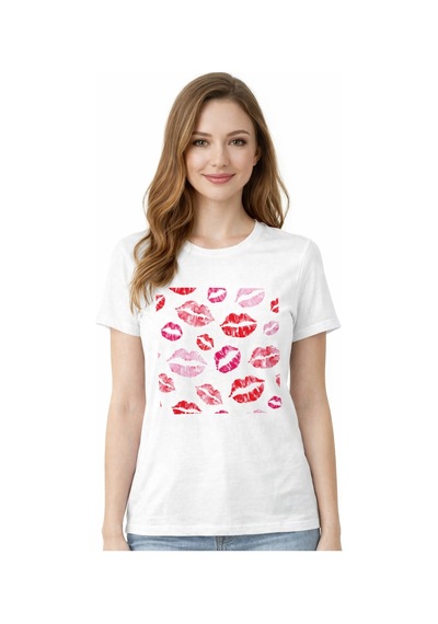 Herkesemoda Öpücük Desen Baskı Detaylı Basic T-shirt Beyaz